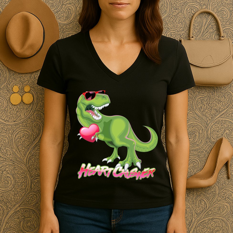 Valentine T-Rex Heart Crusher Women's V-Neck T-Shirt