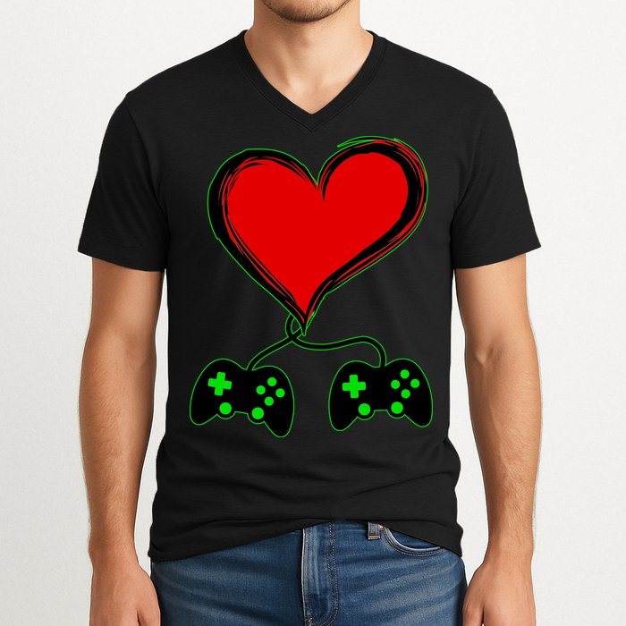 Valentine Video Game Controllers Heart V-Neck T-Shirt