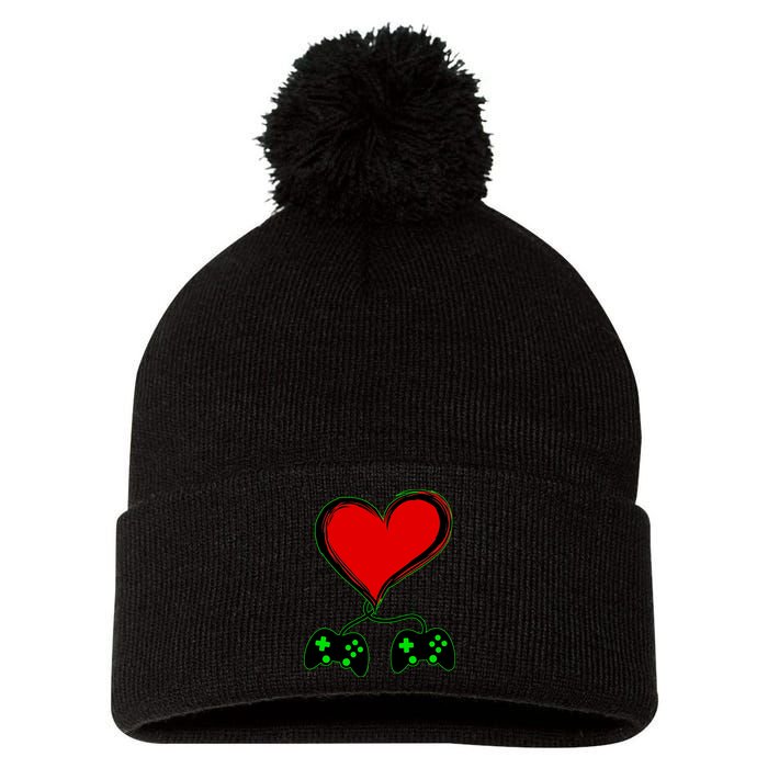 Valentine Video Game Controllers Heart Pom Pom 12in Knit Beanie