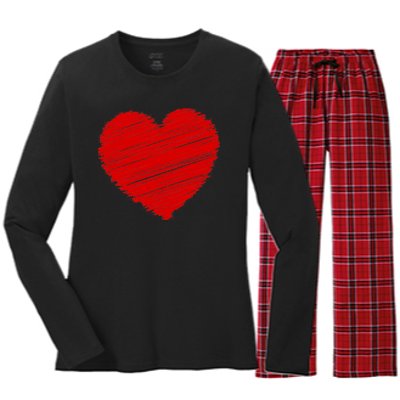 Valentines Classic Sketch Heart Women's Long Sleeve Flannel Pajama Set 