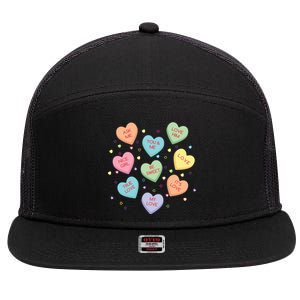 Valentine's Day Candy Hearts 7 Panel Mesh Trucker Snapback Hat