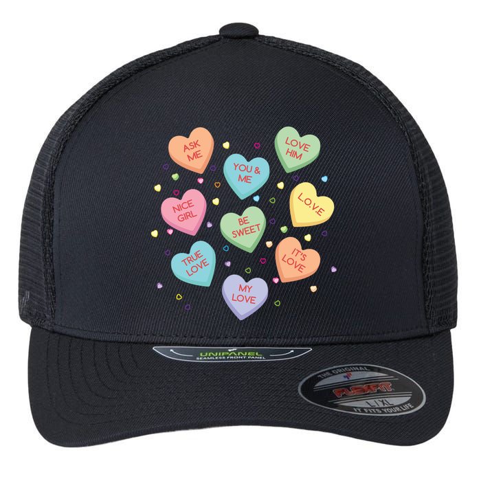 Valentine's Day Candy Hearts Flexfit Unipanel Trucker Cap