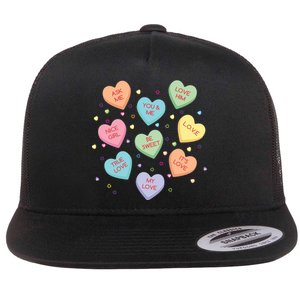 Valentine's Day Candy Hearts Flat Bill Trucker Hat