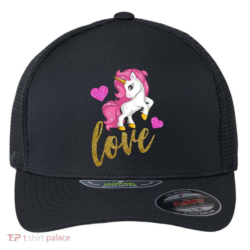 Valentines Day Cute Unicorn Love Flexfit Unipanel Trucker Cap