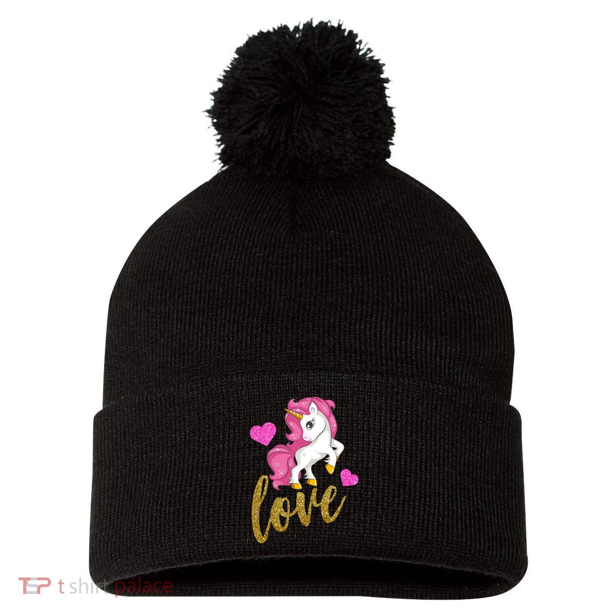 Valentines Day Cute Unicorn Love Pom Pom 12in Knit Beanie