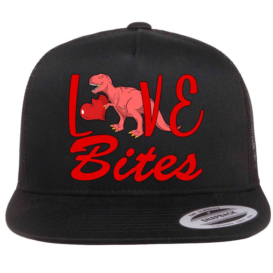 Valentines Day Love Bites Dinosaur Flat Bill Trucker Hat