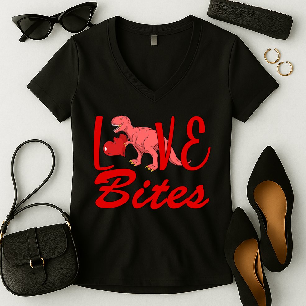 Valentines Day Love Bites Dinosaur Women's V-Neck T-Shirt