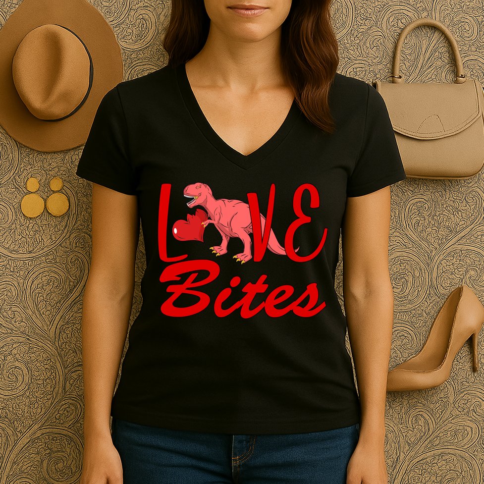 Valentines Day Love Bites Dinosaur Women's V-Neck T-Shirt