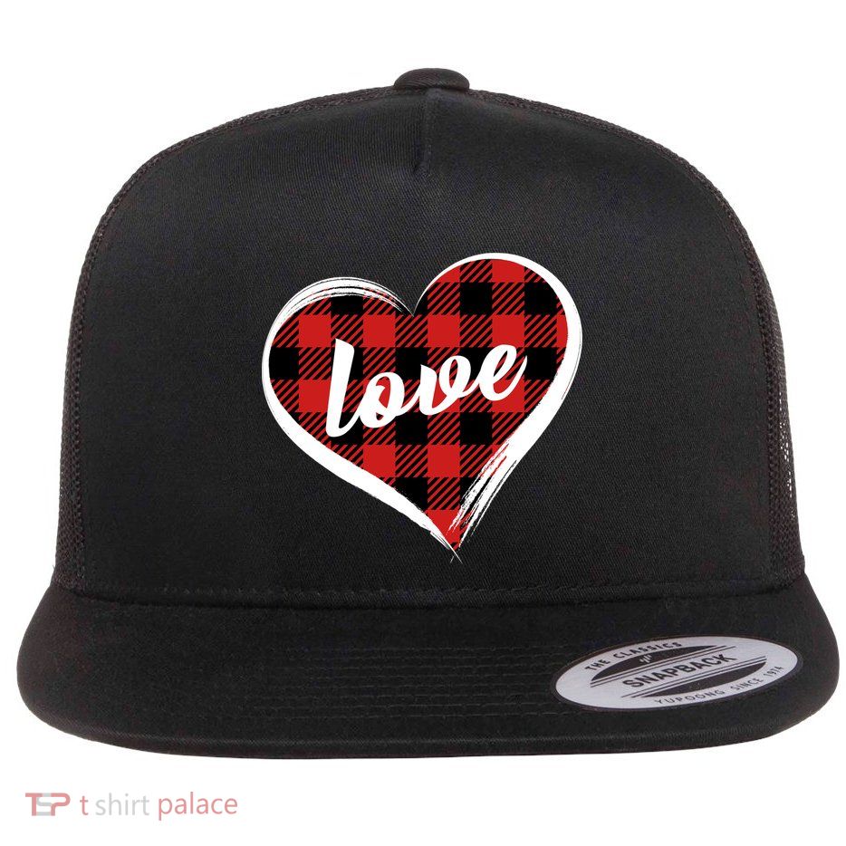 Valentines Day Love Plaid Heart Flat Bill Trucker Hat