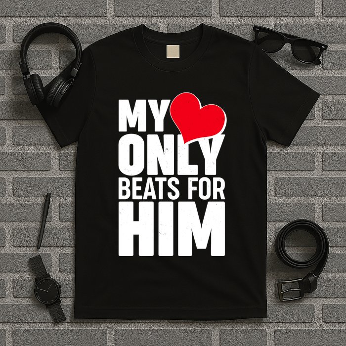 Valentine's Day My Heart Only Beats for Him Matching Couples T-Shirt