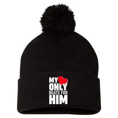 Valentine's Day My Heart Only Beats for Him Matching Couples Pom Pom 12in Knit Beanie