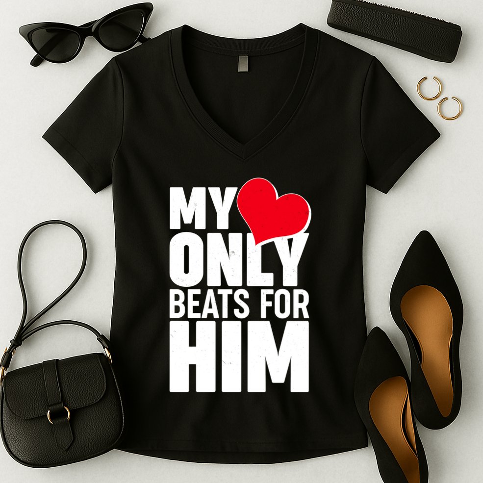 Valentine's Day My Heart Only Beats for Him Matching Couples Women's V-Neck T-Shirt