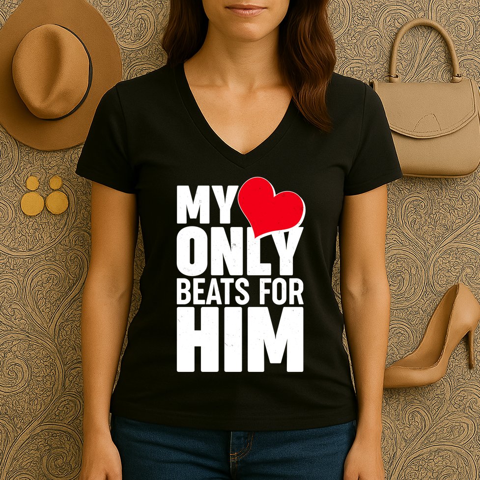 Valentine's Day My Heart Only Beats for Him Matching Couples Women's V-Neck T-Shirt