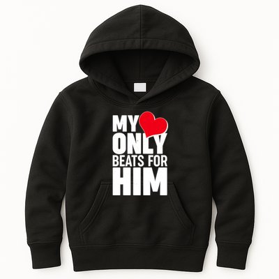 Valentine's Day My Heart Only Beats for Him Matching Couples Kids Hoodie
