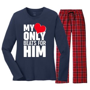 Valentine's Day My Heart Only Beats for Him Matching Couples Women's Long Sleeve Flannel Pajama Set 