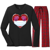 Valentines Day Quarantine Mask Heart Women's Long Sleeve Flannel Pajama Set 