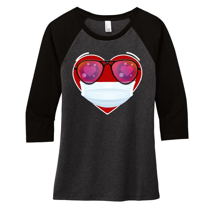 Valentines Day Quarantine Mask Heart Women's Tri-Blend 3/4-Sleeve Raglan Shirt