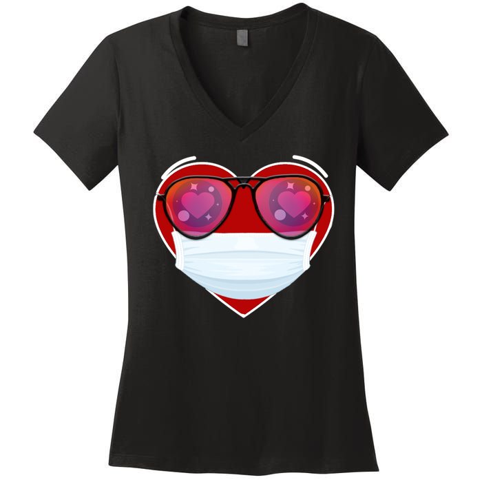 Valentines Day Quarantine Mask Heart Women's V-Neck T-Shirt