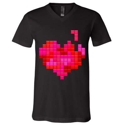 Valentine's Day Retro Video Game Heart Puzzle V-Neck T-Shirt