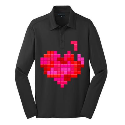 Valentine's Day Retro Video Game Heart Puzzle Silk Touch Performance Long Sleeve Polo