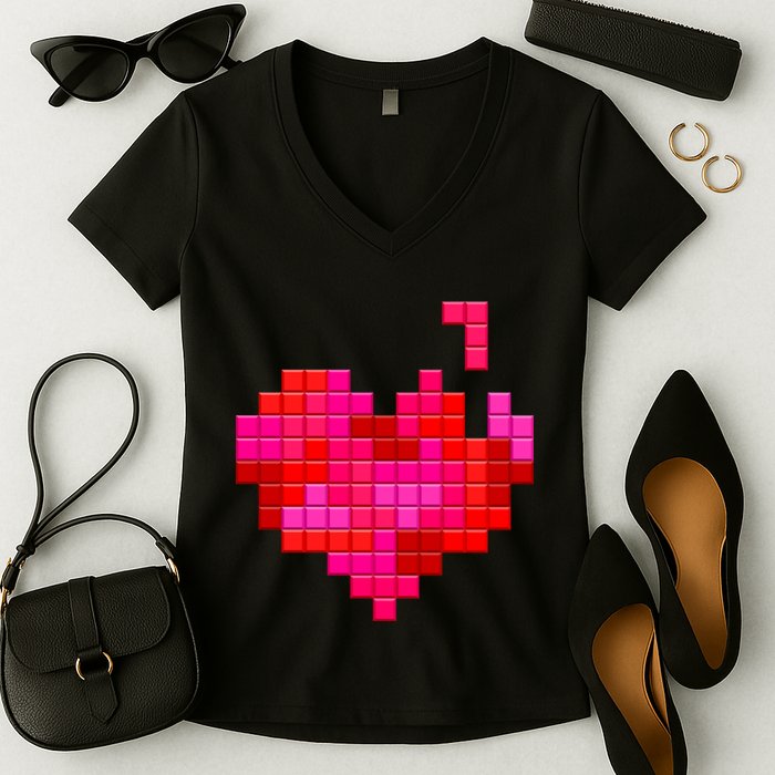 Valentine's Day Retro Video Game Heart Puzzle Women's V-Neck T-Shirt