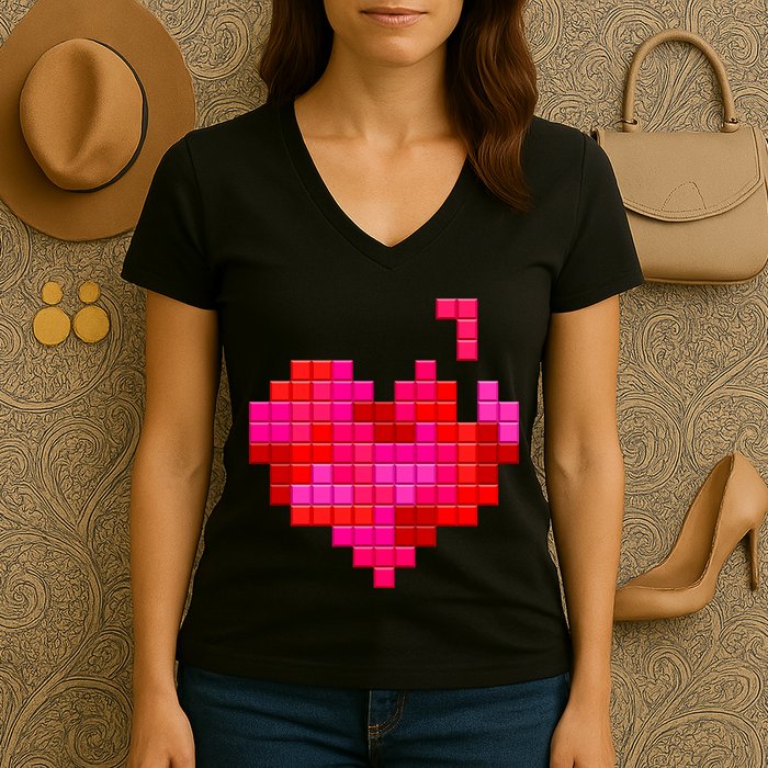 Valentine's Day Retro Video Game Heart Puzzle Women's V-Neck T-Shirt