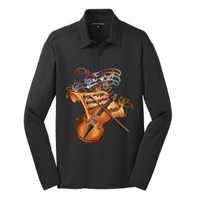 Violin And Musical Note Gift Silk Touch Performance Long Sleeve Polo