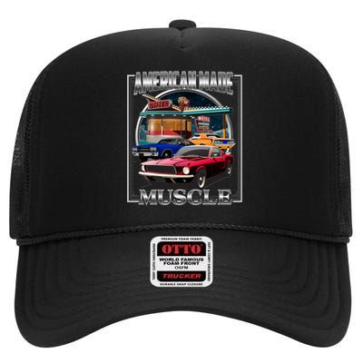 Vintage American Made Muscle Classic Cars And Diner High Crown Mesh Back Trucker Hat