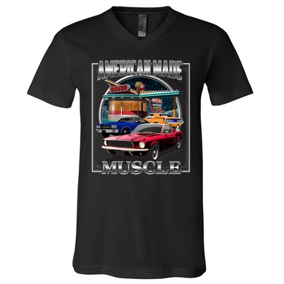 Vintage American Made Muscle Classic Cars And Diner V-Neck T-Shirt