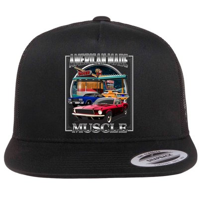 Vintage American Made Muscle Classic Cars And Diner Flat Bill Trucker Hat