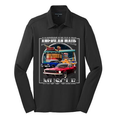 Vintage American Made Muscle Classic Cars And Diner Silk Touch Performance Long Sleeve Polo