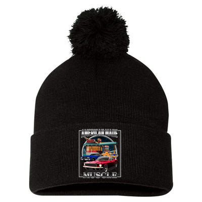 Vintage American Made Muscle Classic Cars And Diner Pom Pom 12in Knit Beanie