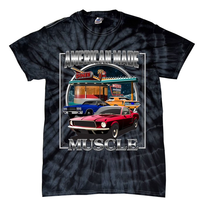 Vintage American Made Muscle Classic Cars And Diner Tie-Dye T-Shirt