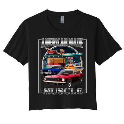 Vintage American Made Muscle Classic Cars And Diner Women's Crop Top Tee