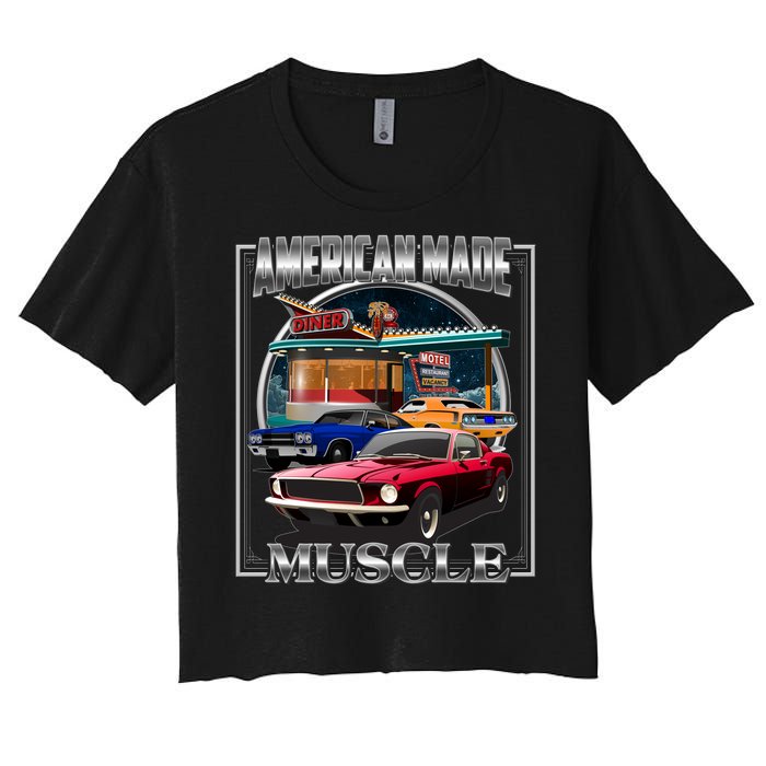 Vintage American Made Muscle Classic Cars And Diner Women's Crop Top Tee