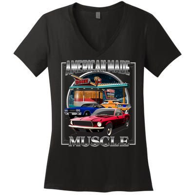 Vintage American Made Muscle Classic Cars And Diner Women's V-Neck T-Shirt