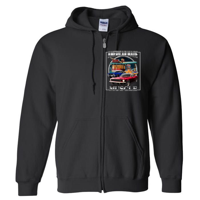 Vintage American Made Muscle Classic Cars And Diner Full Zip Hoodie