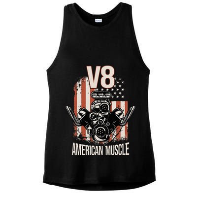 V8 American Muscle Car Usa Flag Engine V8 Ladies PosiCharge Tri-Blend Wicking Tank