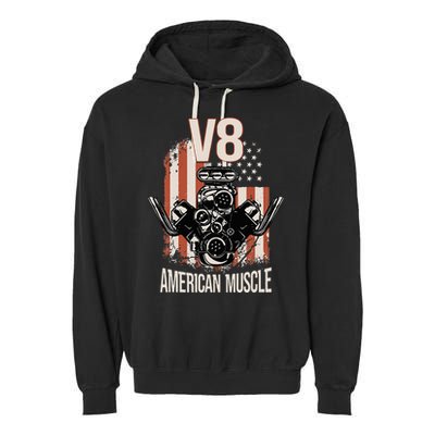 V8 American Muscle Car Usa Flag Engine V8 Garment-Dyed Fleece Hoodie