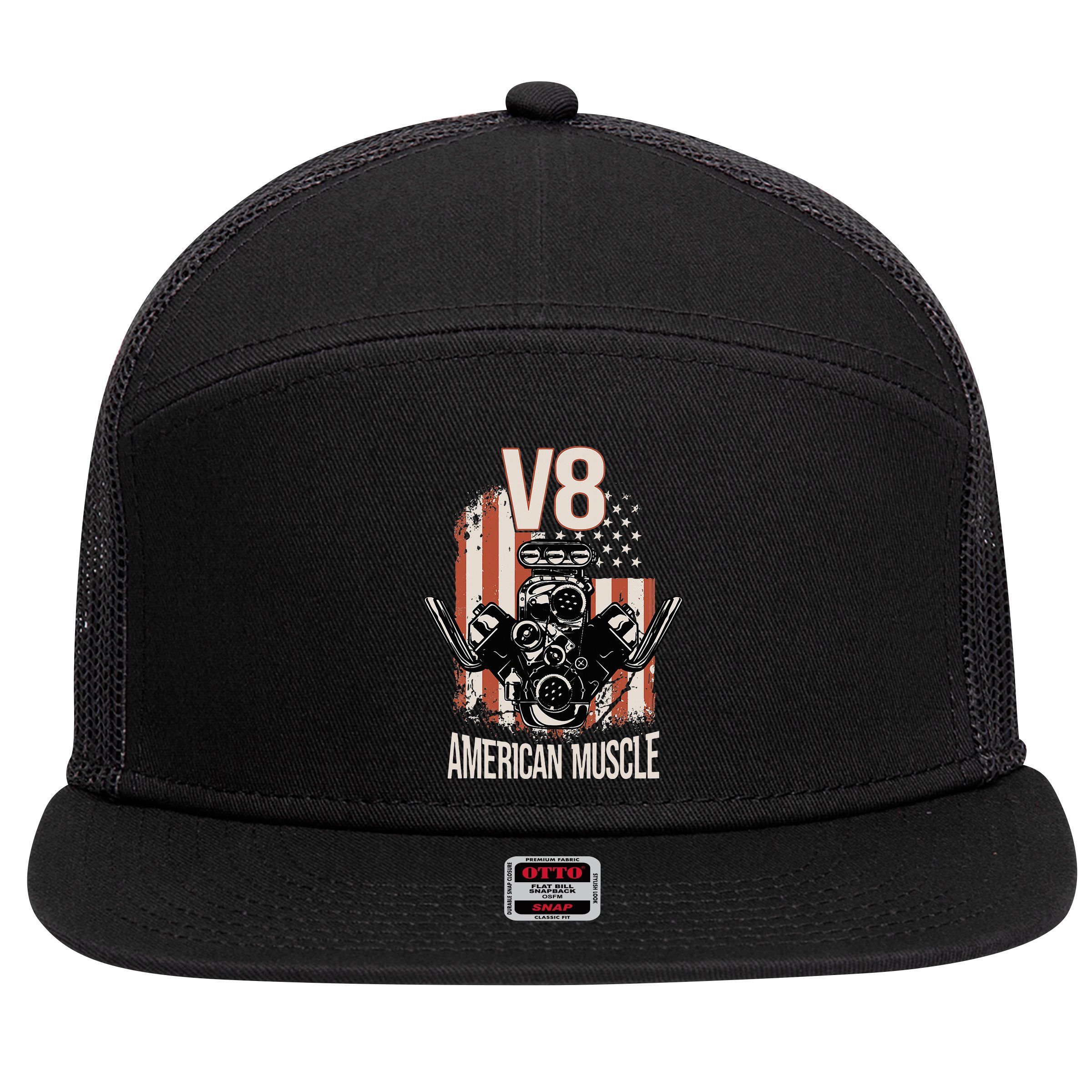 V8 American Muscle Car Usa Flag Engine V8 7 Panel Mesh Trucker Snapback Hat