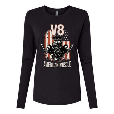 V8 American Muscle Car Usa Flag Engine V8 Womens Cotton Relaxed Long Sleeve T-Shirt