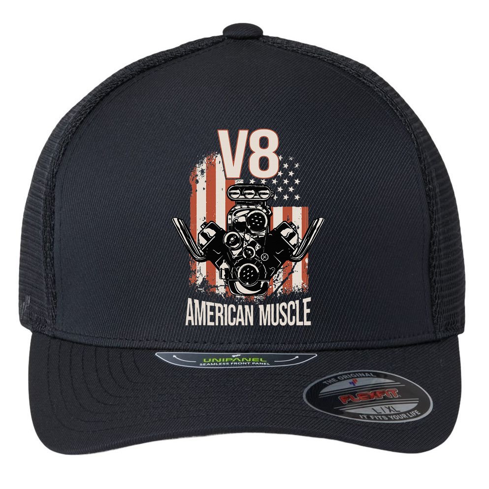 V8 American Muscle Car Usa Flag Engine V8 Flexfit Unipanel Trucker Cap