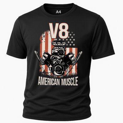 V8 American Muscle Car Usa Flag Engine V8 Cooling Performance Crew T-Shirt