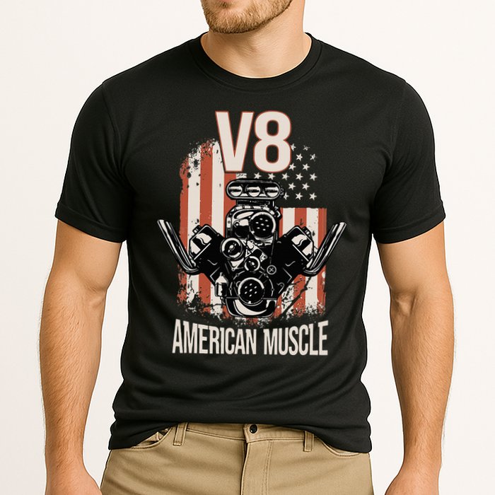 V8 American Muscle Car Usa Flag Engine V8 Cooling Performance Crew T-Shirt
