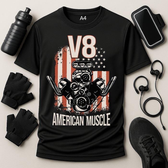 V8 American Muscle Car Usa Flag Engine V8 Cooling Performance Crew T-Shirt