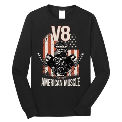 V8 American Muscle Car Usa Flag Engine V8 Long Sleeve Shirt