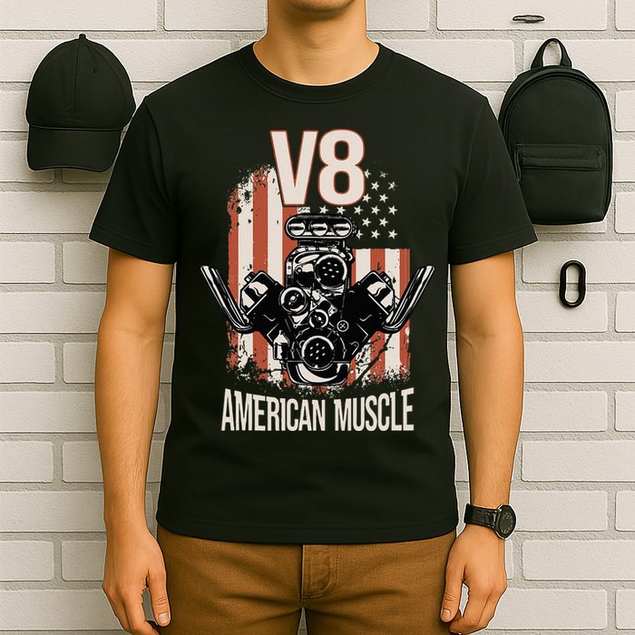 V8 American Muscle Car Usa Flag Engine V8 T-Shirt