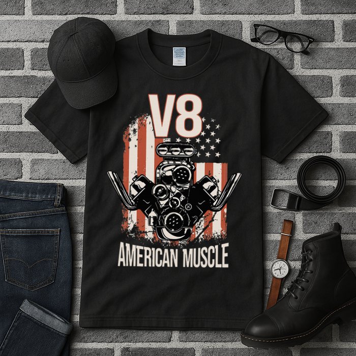 V8 American Muscle Car Usa Flag Engine V8 Tall T-Shirt