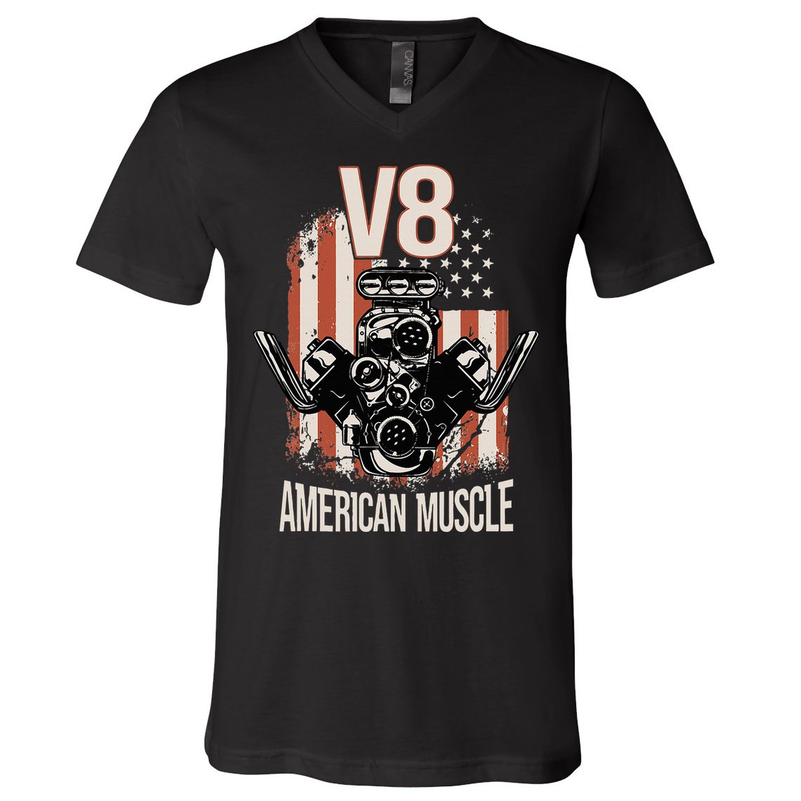 V8 American Muscle Car Usa Flag Engine V8 V-Neck T-Shirt