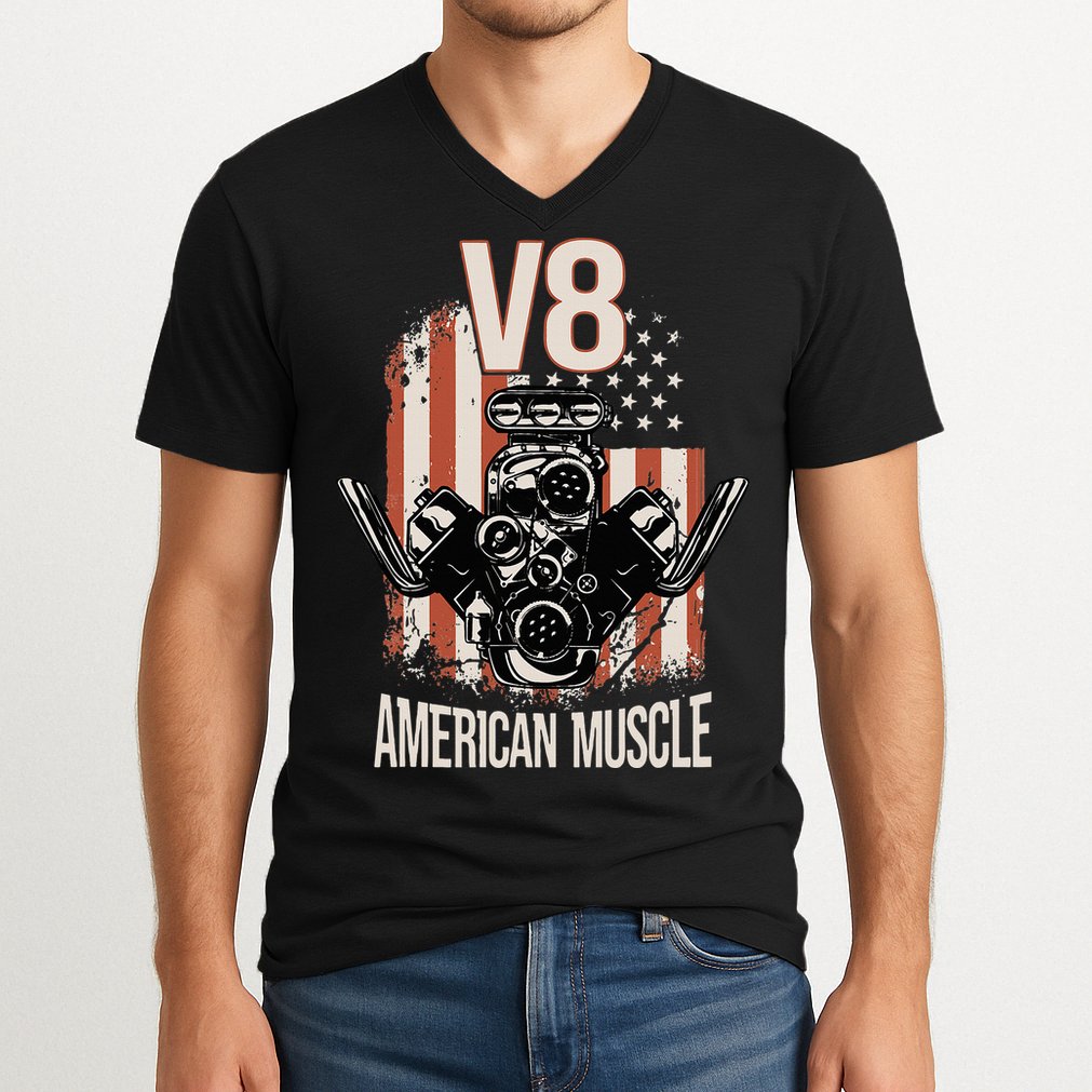 V8 American Muscle Car Usa Flag Engine V8 V-Neck T-Shirt